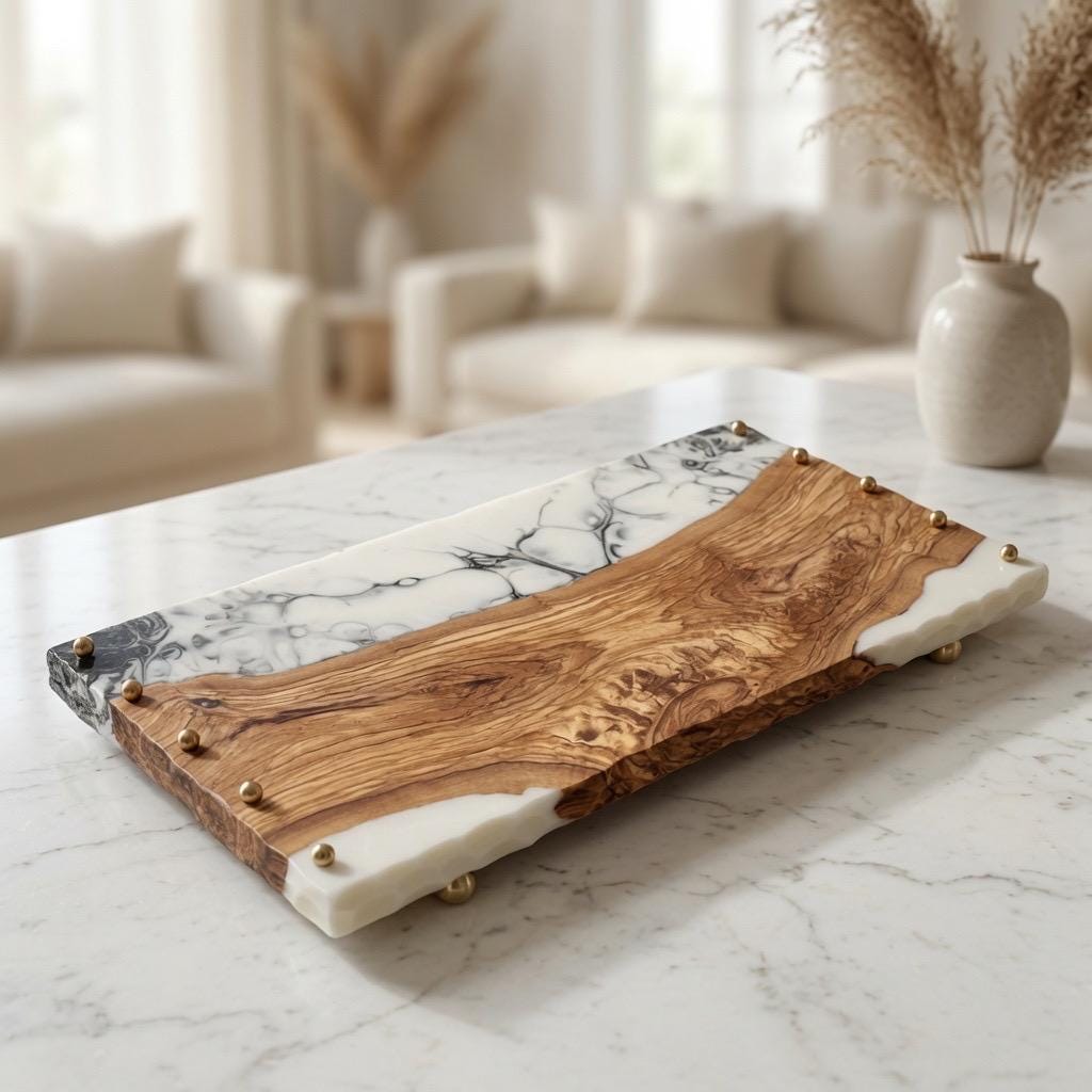 Italian Olive Wood | Epoxy Resin Serving Tray | Black White Marble | Brass Accents |