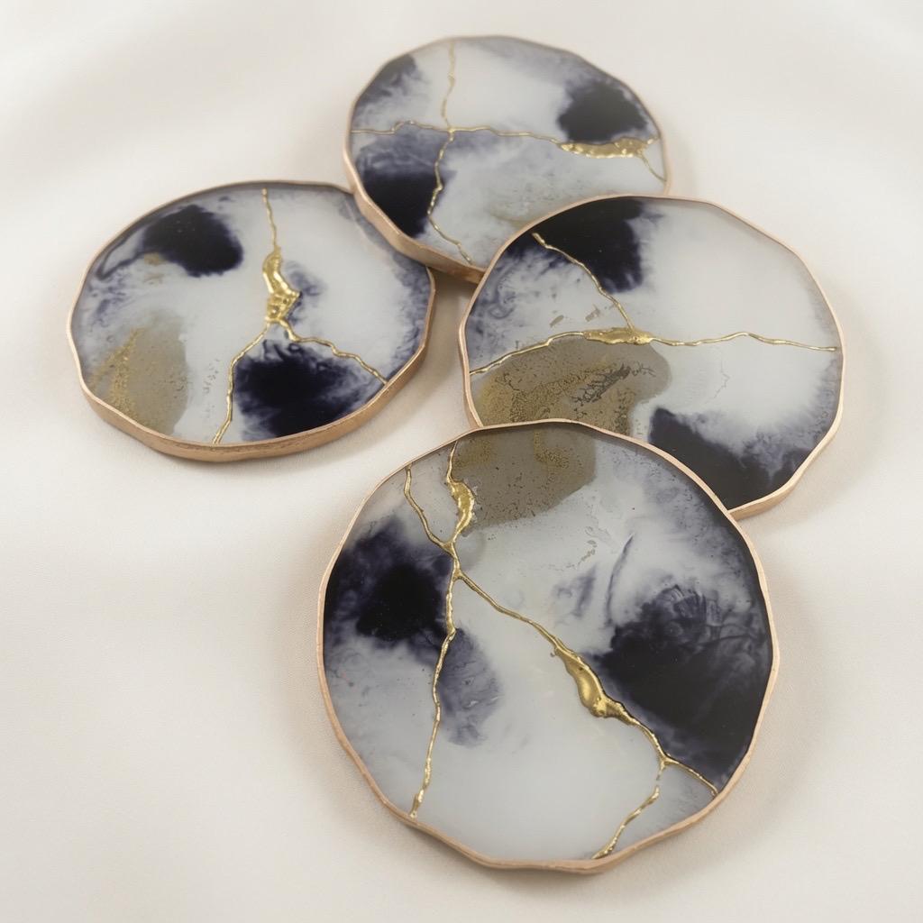 Kintsugi Gold Leaf | Epoxy Resin Coaster Set | Gold Edge Barware | Black & White