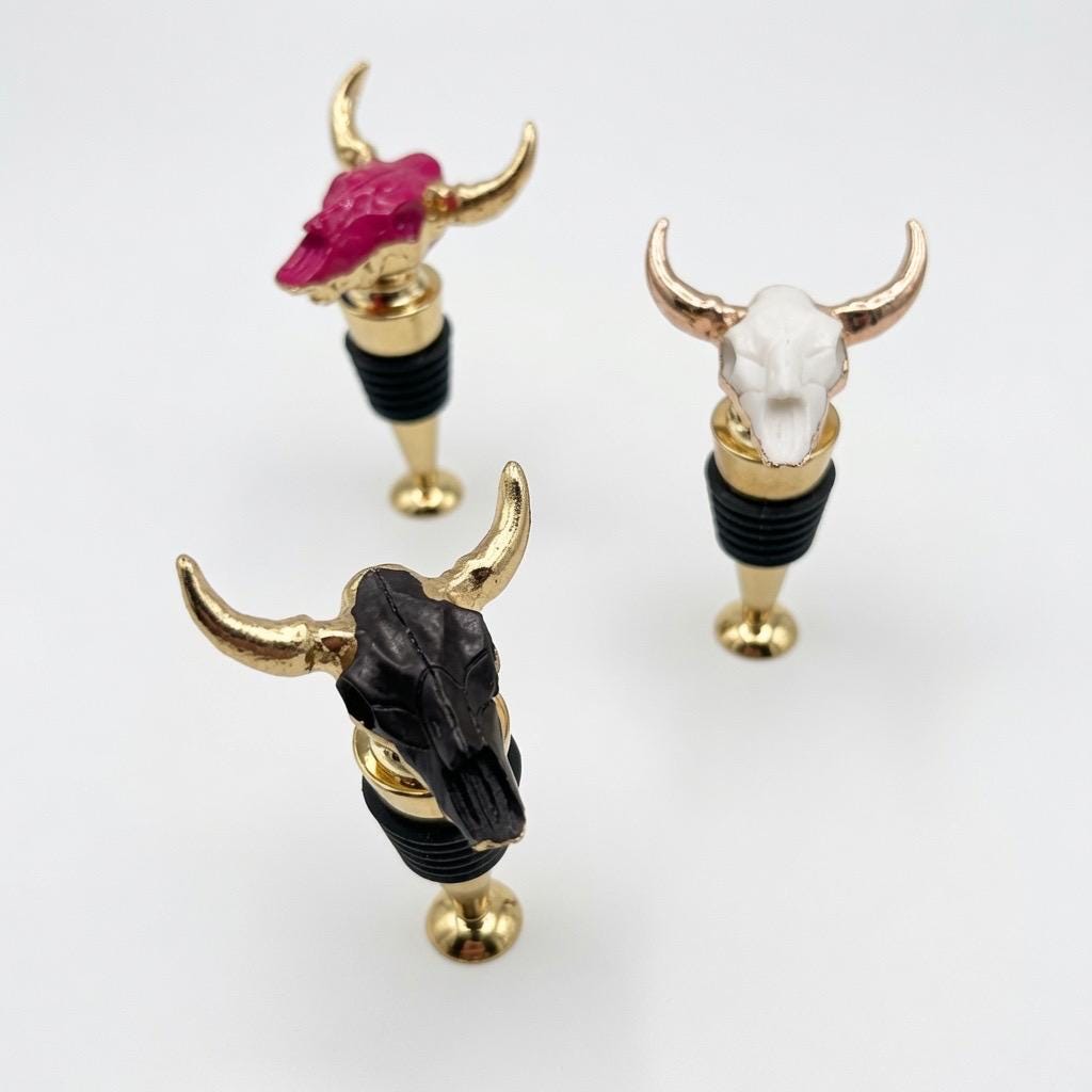 Longhorn Skull Wine Stopper | White | Gold Horns | Chrome Stem | Rustic Western Farmhouse Barware