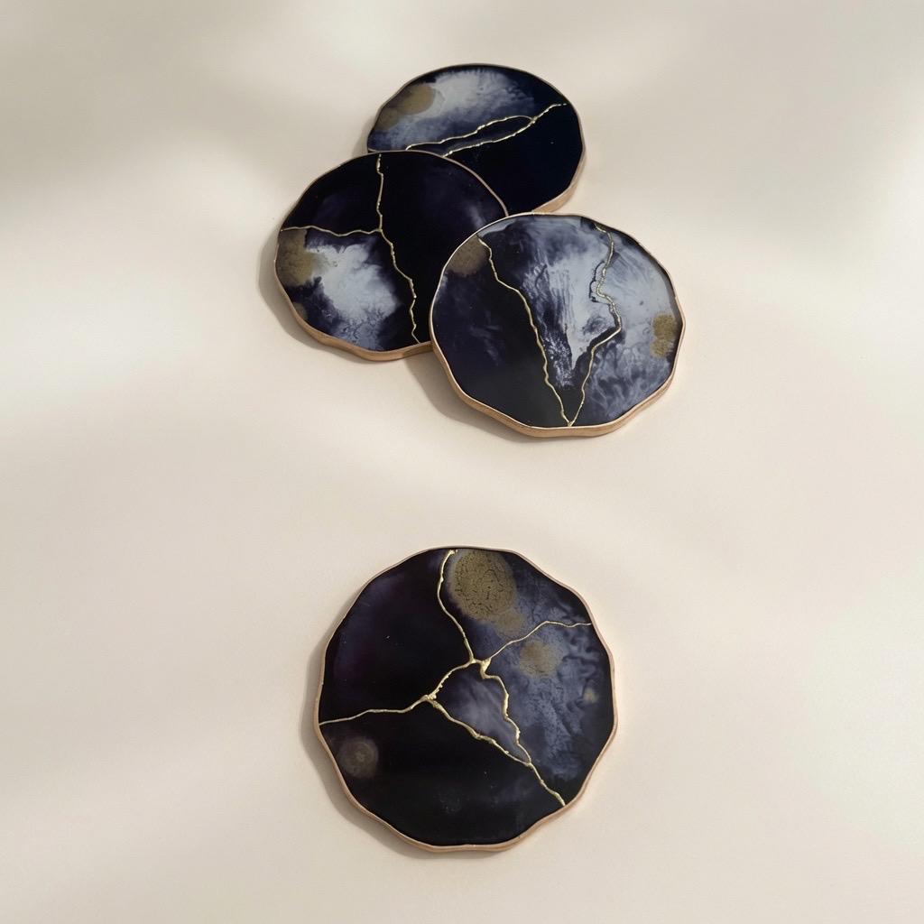 Kintsugi Gold Leaf | Epoxy Resin Coaster Set | Gold Edge Barware | Black & White