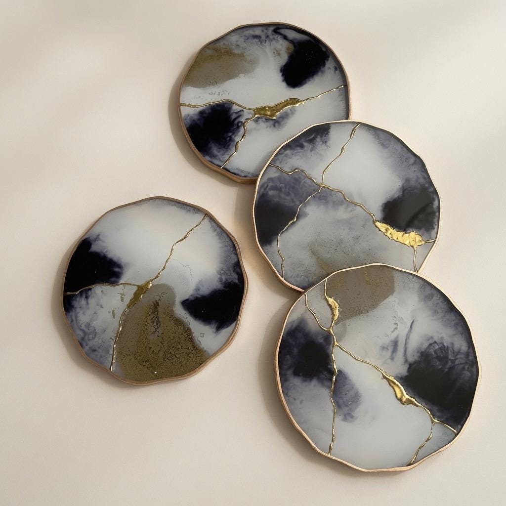 Kintsugi Gold Leaf | Epoxy Resin Coaster Set | Gold Edge Barware | Black & White