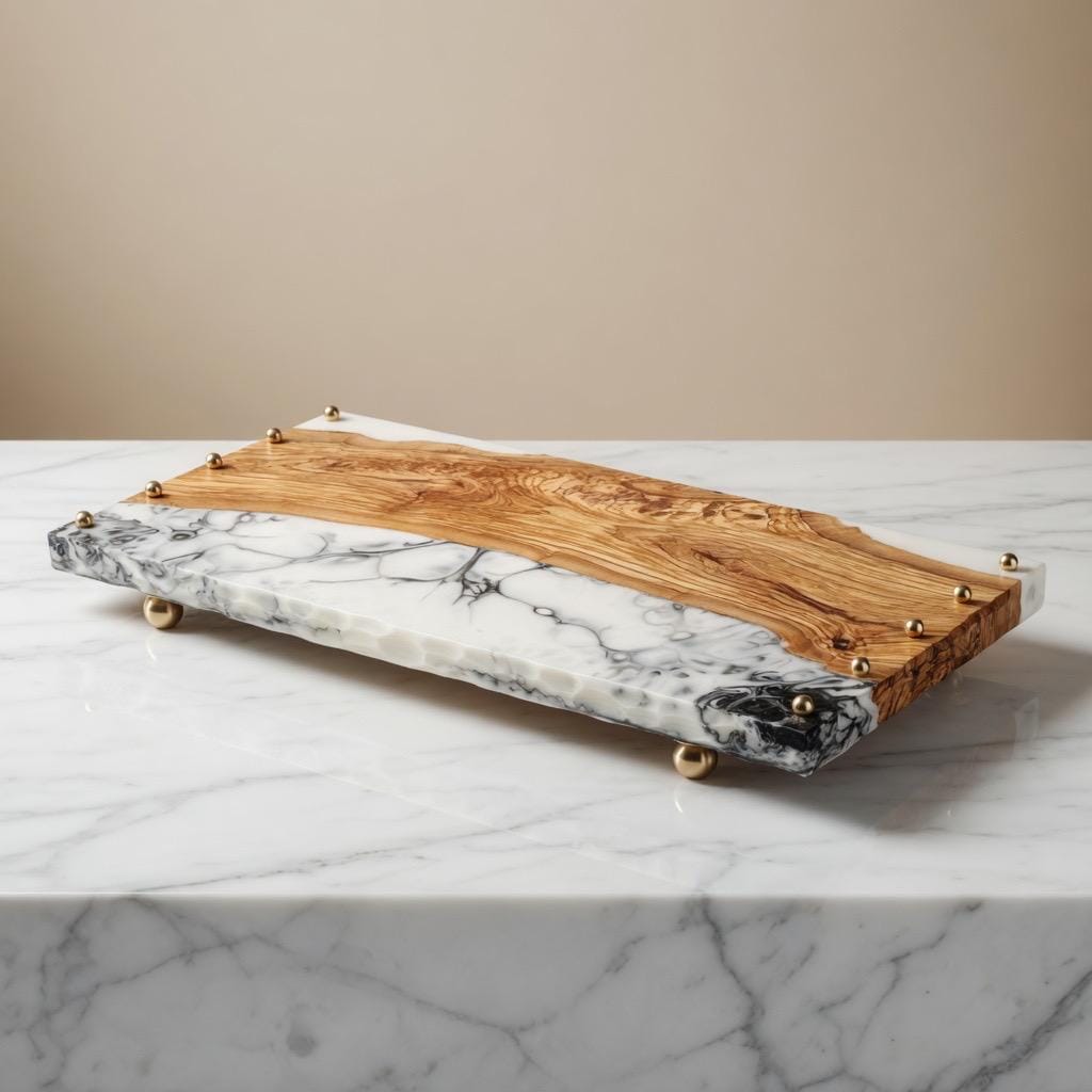 Italian Olive Wood | Epoxy Resin Serving Tray | Black White Marble | Brass Accents |