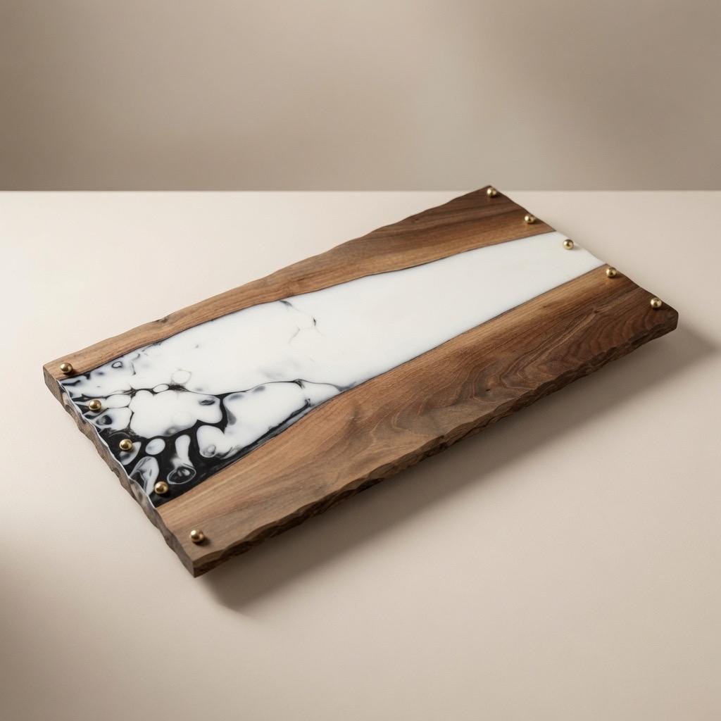 Black Walnut & Epoxy Resin Tray | Black White Marble | Gold Accents |