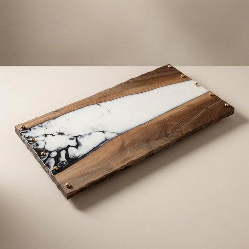 Black Walnut & Epoxy Resin Tray | Black White Marble | Gold Accents |