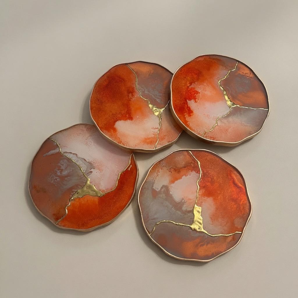 Kintsugi Gold Leaf | Epoxy Resin Coaster Set | Gold Edge Barware | Beige & Rust Red