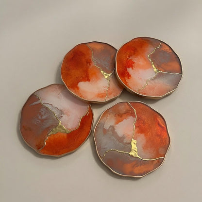 Beige & Rust Red Kintsugi Epoxy Resin Coasters