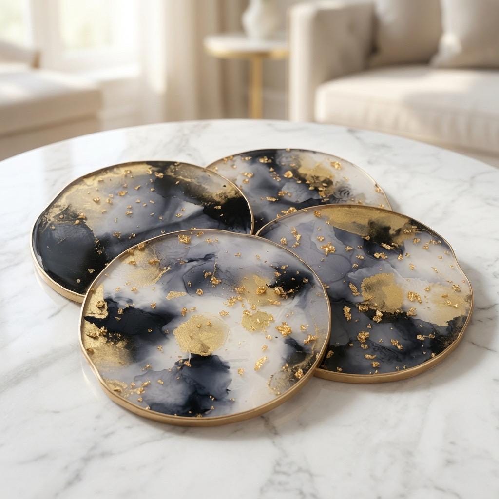 Black & White Gold Leaf | Epoxy Resin Coaster Set | Rustic Farmhouse Drinkware |