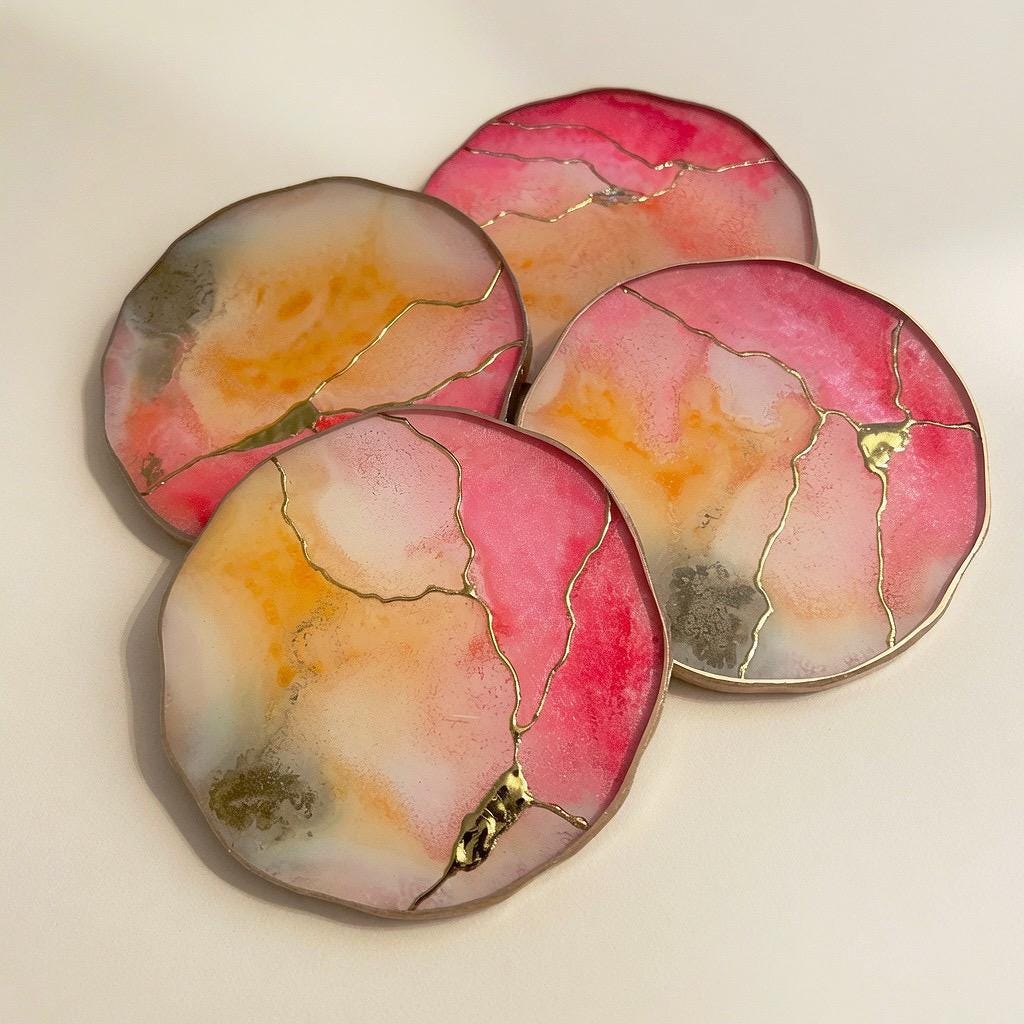 Kintsugi Gold Leaf | Epoxy Resin Coaster Set | Gold Edge Barware | Pink Quartz & Tangerine Orange
