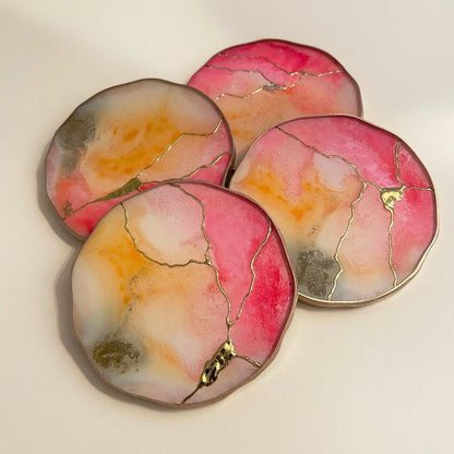 Pink Quartz & Tangerine Kintsugi Epoxy Coasters