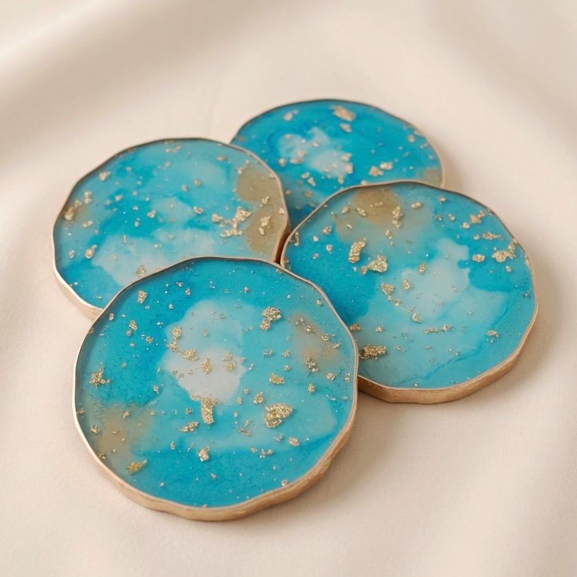 Turquoise and Gold Leaf - Gold Rim Drinkware - Epoxy Resin Coaster Set