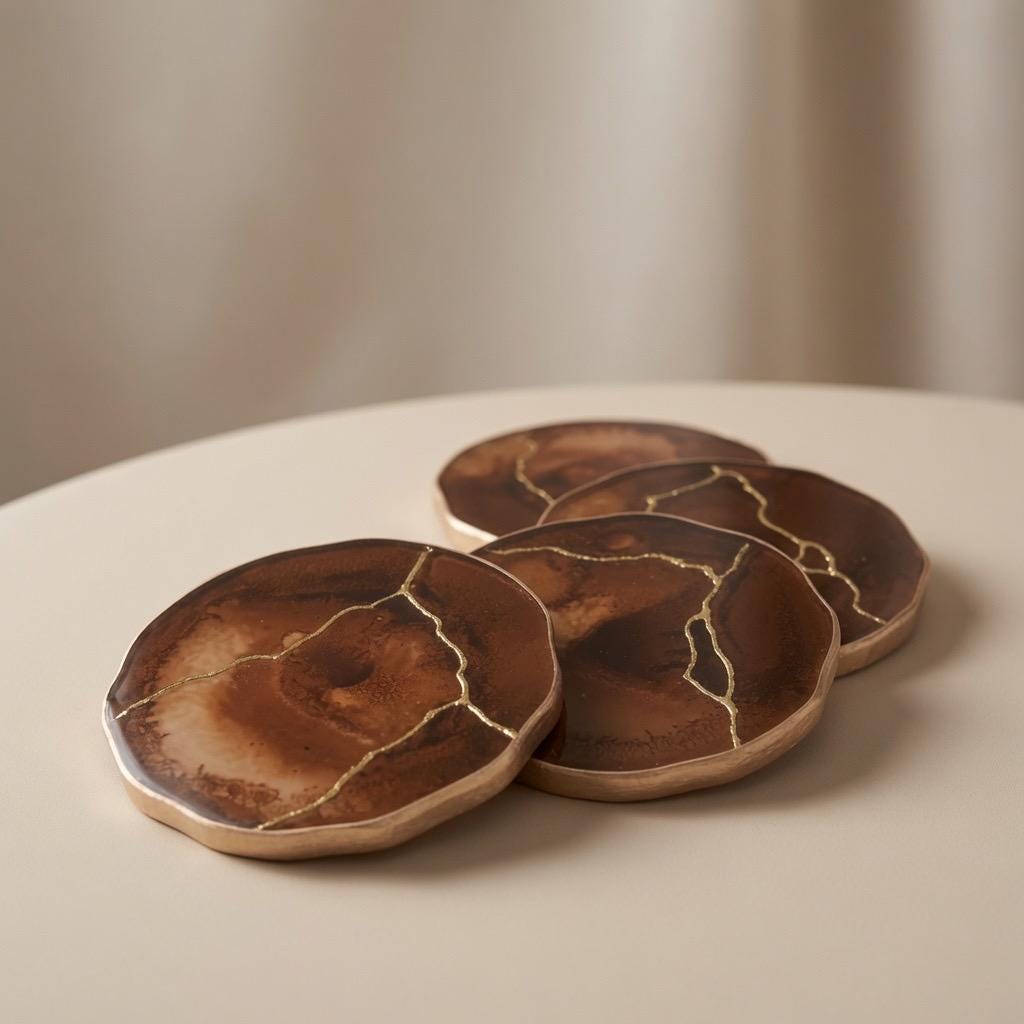 Kintsugi Gold Leaf | Epoxy Resin Coaster Set | Gold Edge Barware | Coffee Brown
