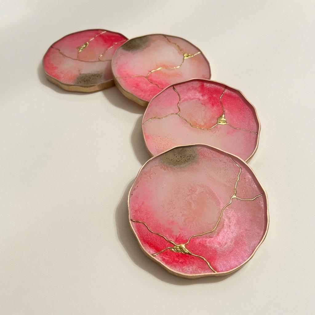 Kintsugi Gold Leaf | Epoxy Resin Coaster Set | Gold Edge Barware | Pink Quartz
