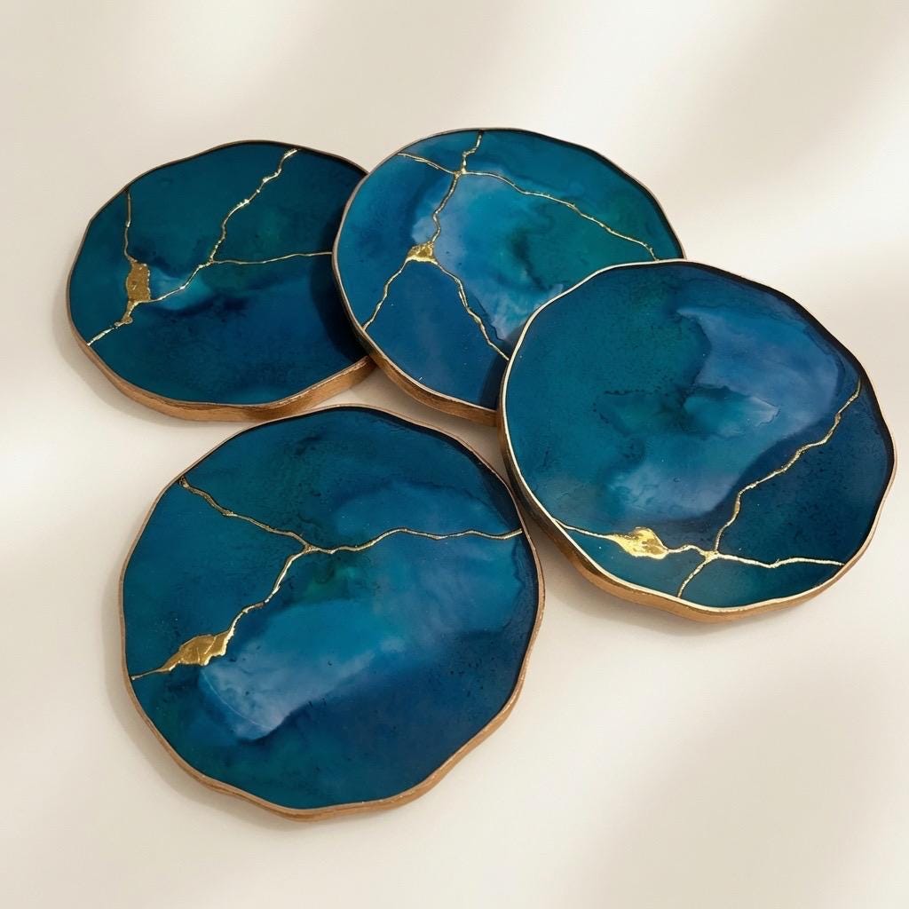Kintsugi Gold Leaf | Epoxy Resin Coaster Set | Gold Edge Barware | Teal Blue