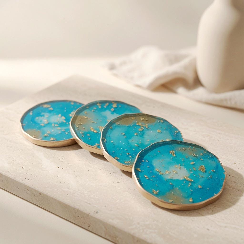 Turquoise and Gold Leaf - Gold Rim Drinkware - Epoxy Resin Coaster Set
