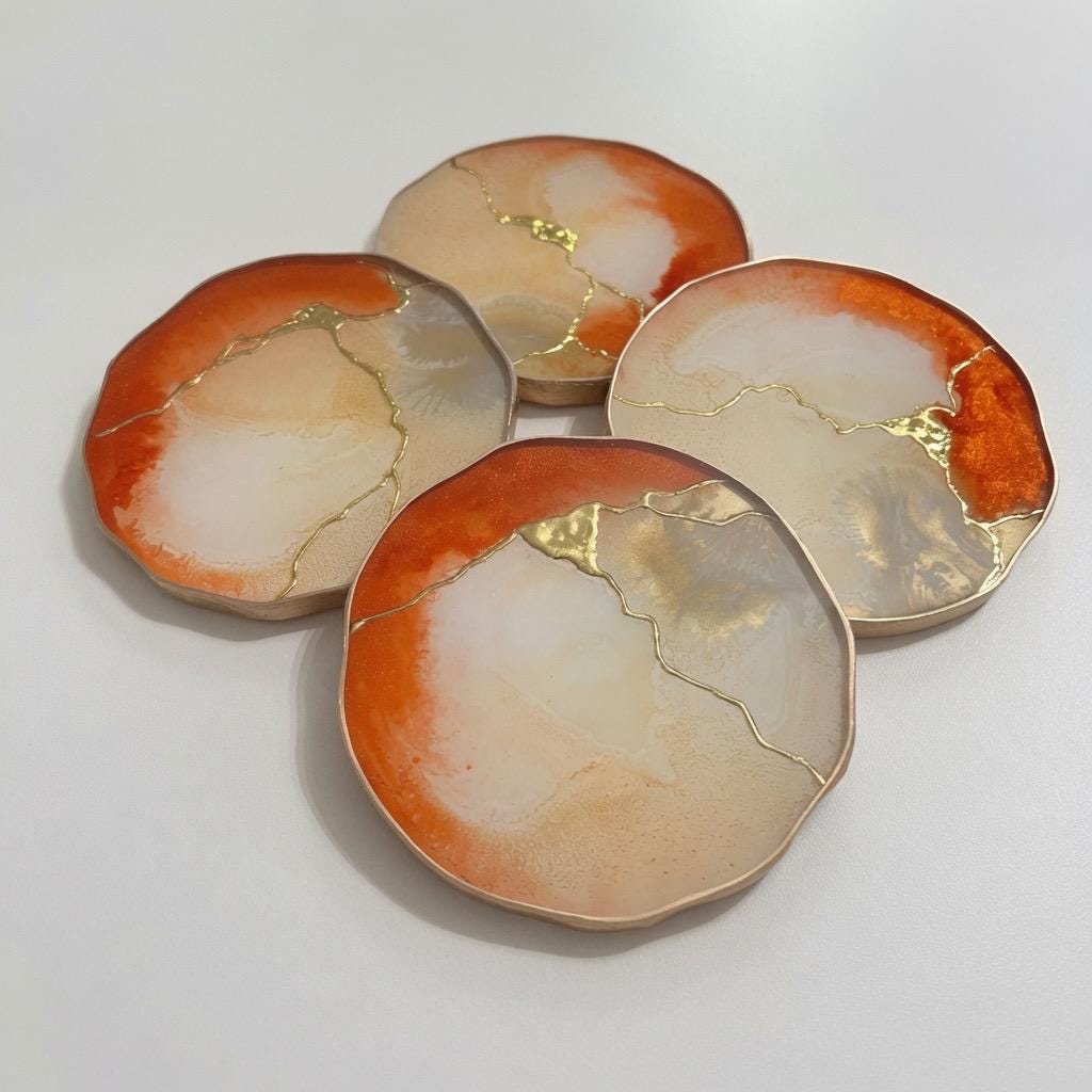 Kintsugi Gold Leaf | Epoxy Resin Coaster Set | Gold Edge Barware | Beige & Metallic Orange