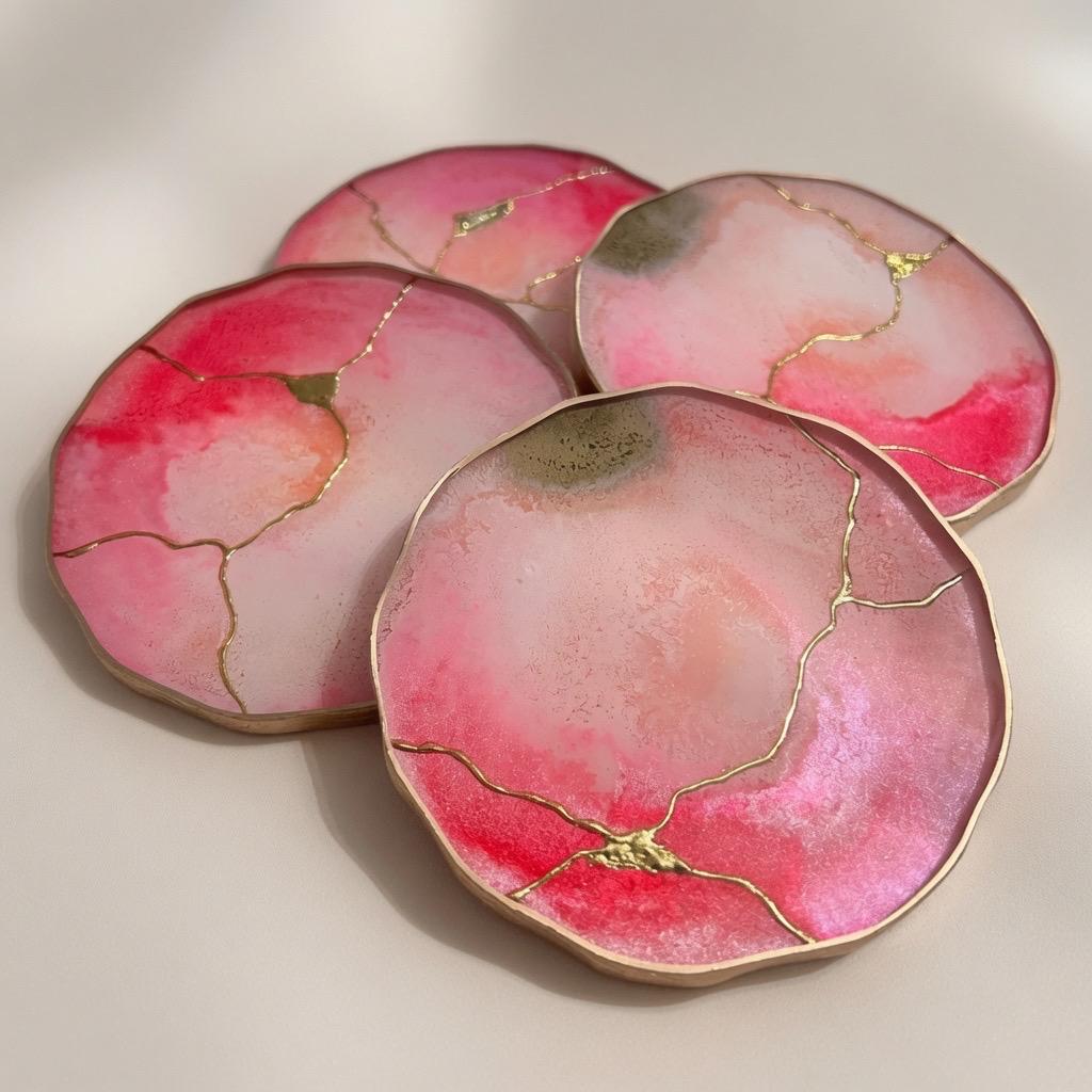 Kintsugi Gold Leaf | Epoxy Resin Coaster Set | Gold Edge Barware | Pink Quartz