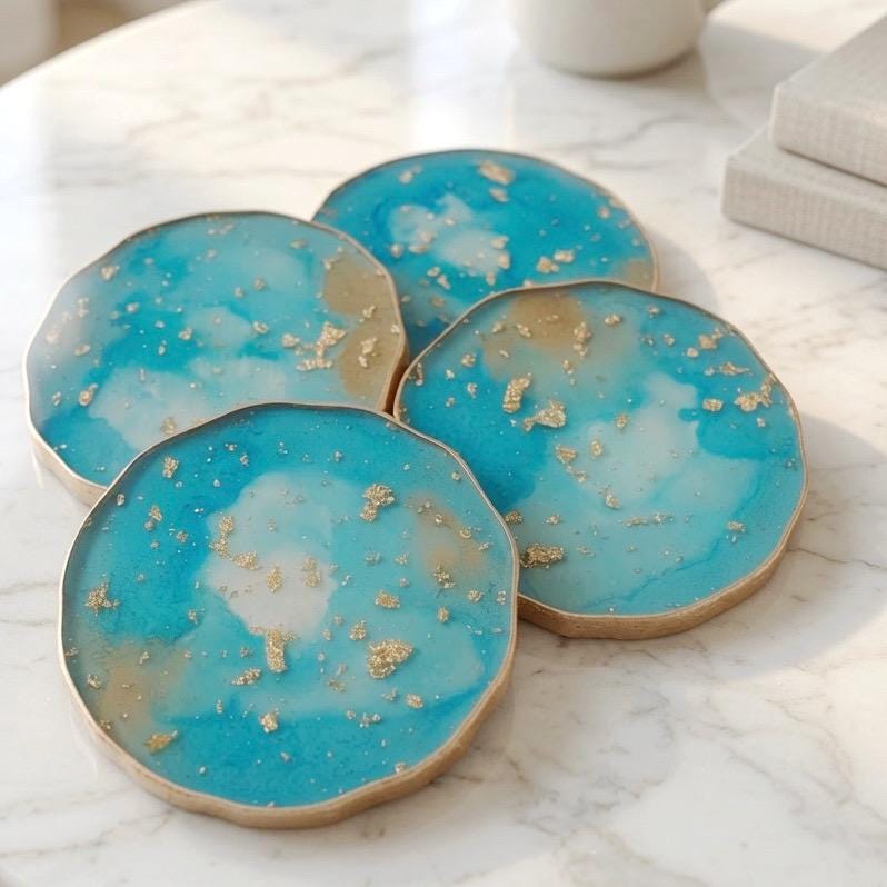 Turquoise and Gold Leaf - Gold Rim Drinkware - Epoxy Resin Coaster Set