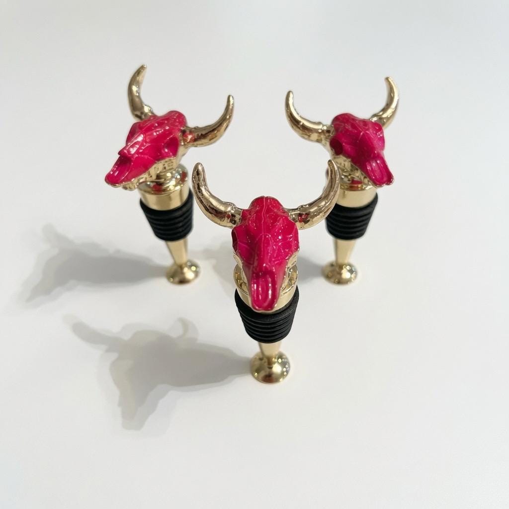 Longhorn Skull Wine Stopper | Pink | Gold Horns, Chrome Stem | Rustic Western Farmhouse Barware