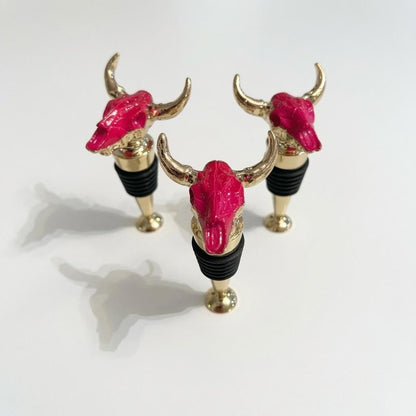 Pink Longhorn Skull Wine Stopper with Gold Horns