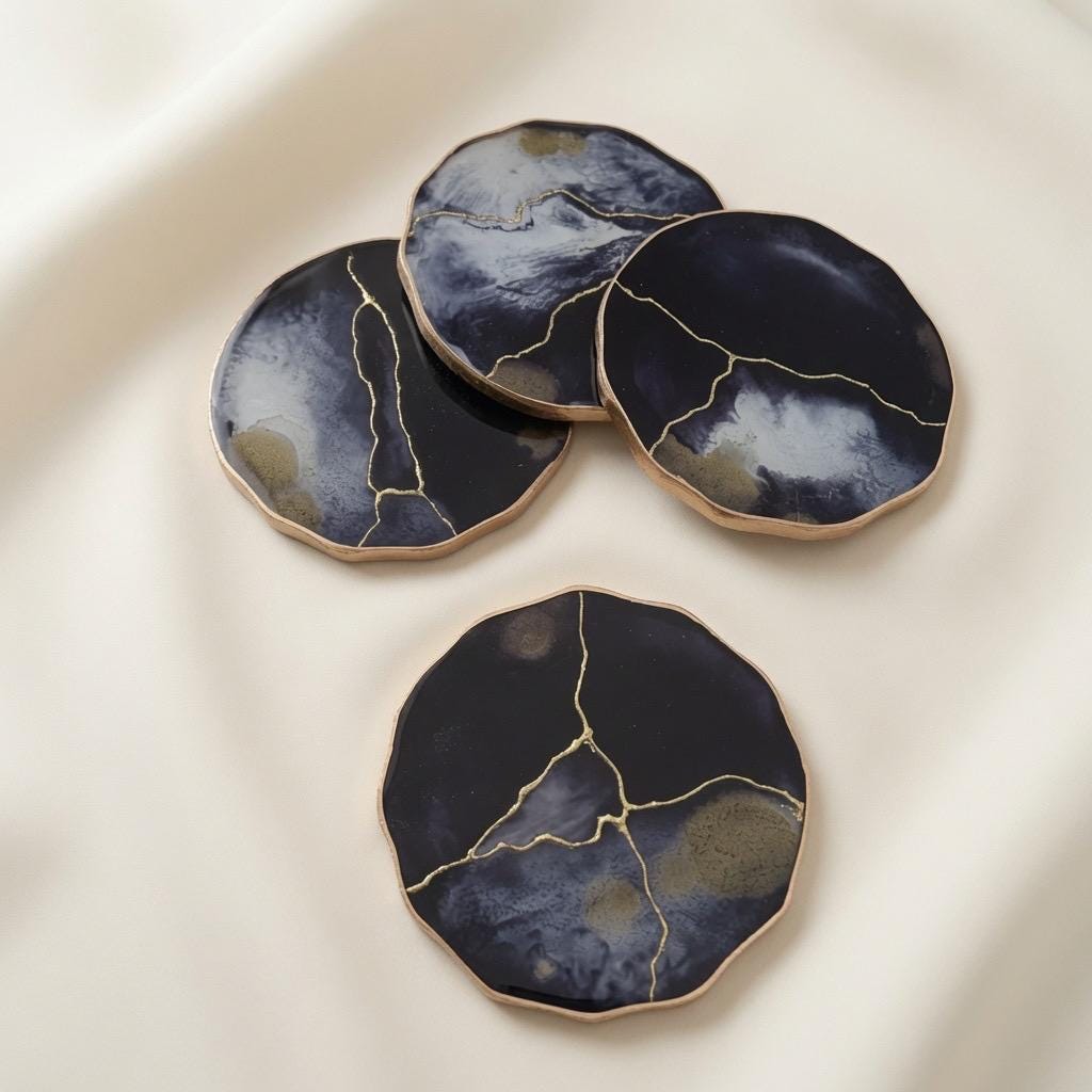 Kintsugi Gold Leaf | Epoxy Resin Coaster Set | Gold Edge Barware | Black & White