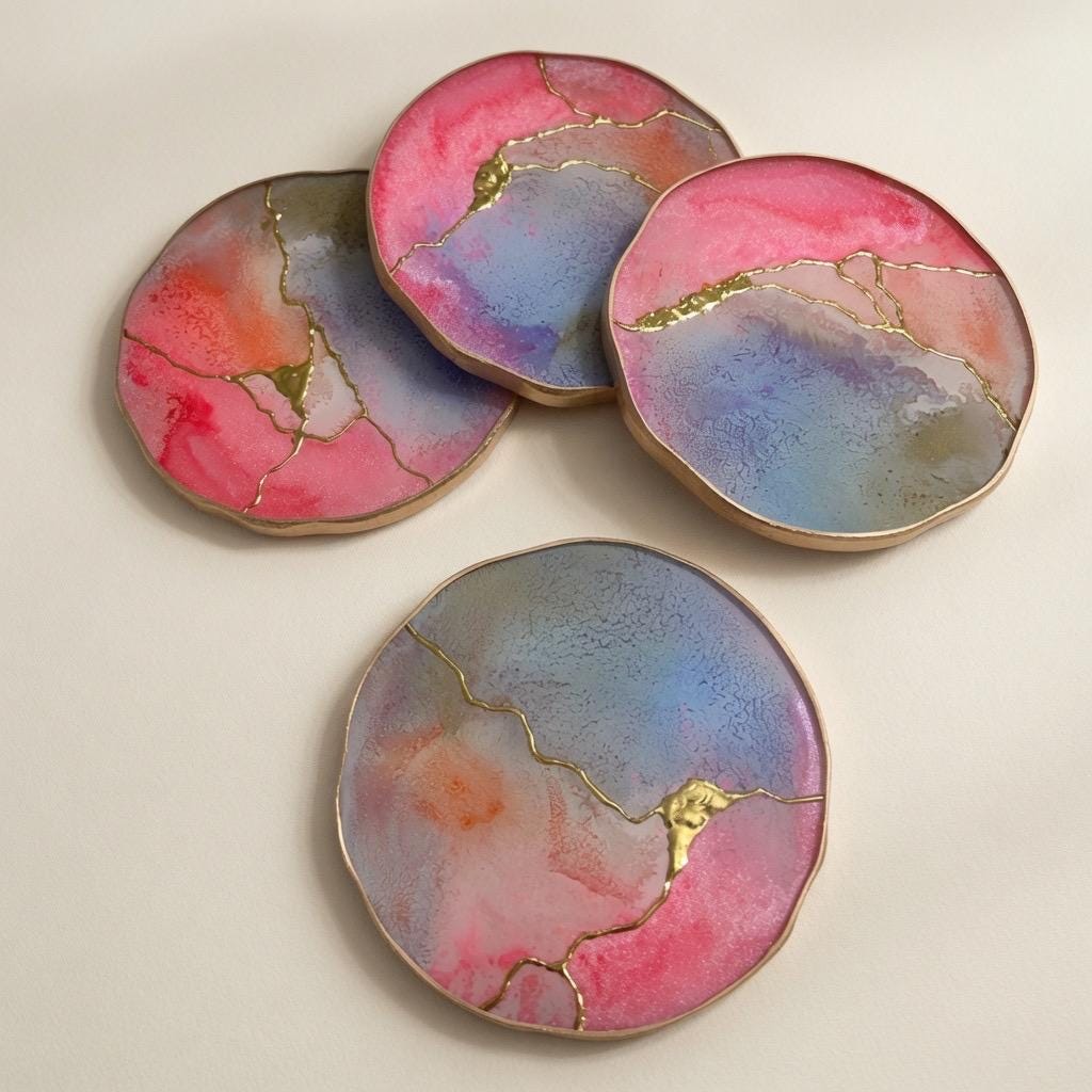 Kintsugi Gold Leaf | Epoxy Resin Coaster Set | Gold Edge Barware | Pink & Blue