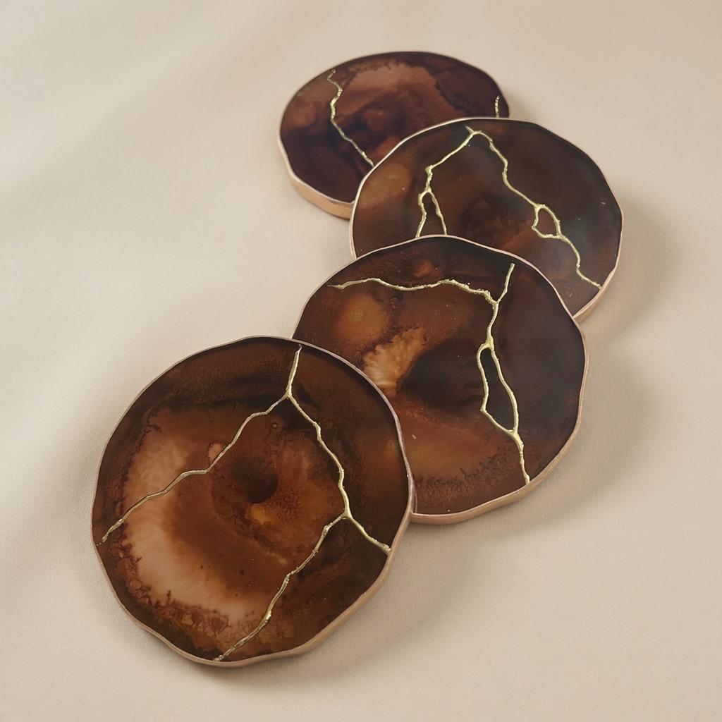 Kintsugi Gold Leaf | Epoxy Resin Coaster Set | Gold Edge Barware | Coffee Brown