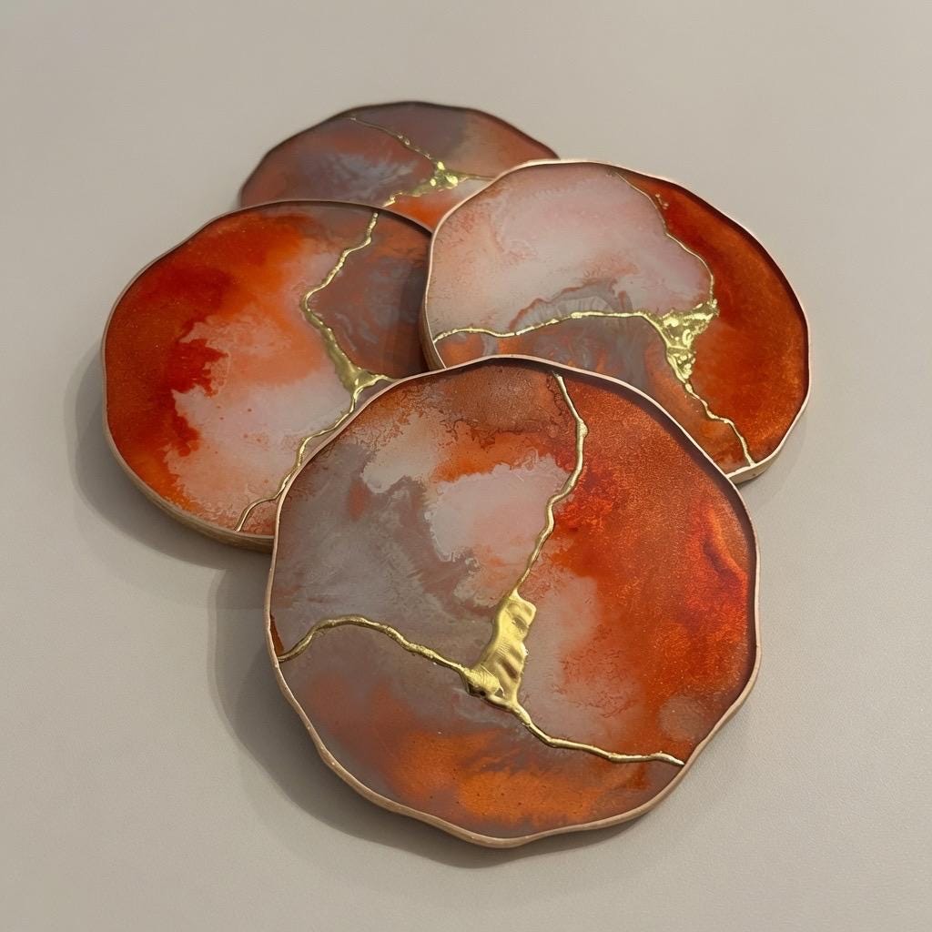 Kintsugi Gold Leaf | Epoxy Resin Coaster Set | Gold Edge Barware | Beige & Rust Red