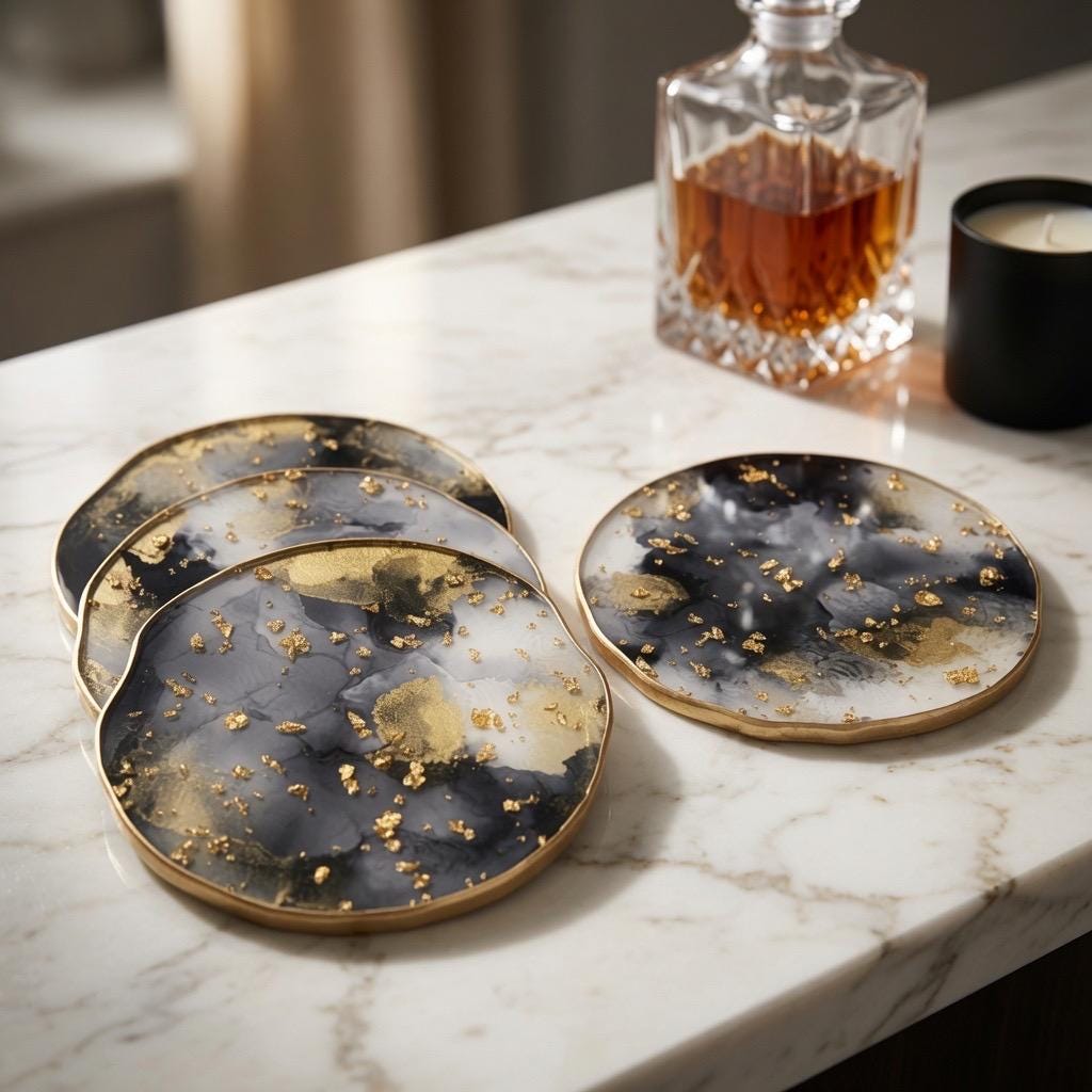 Black & White Gold Leaf | Epoxy Resin Coaster Set | Rustic Farmhouse Drinkware |