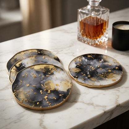 Black, White & Gold Leaf Epoxy Resin Coasters
