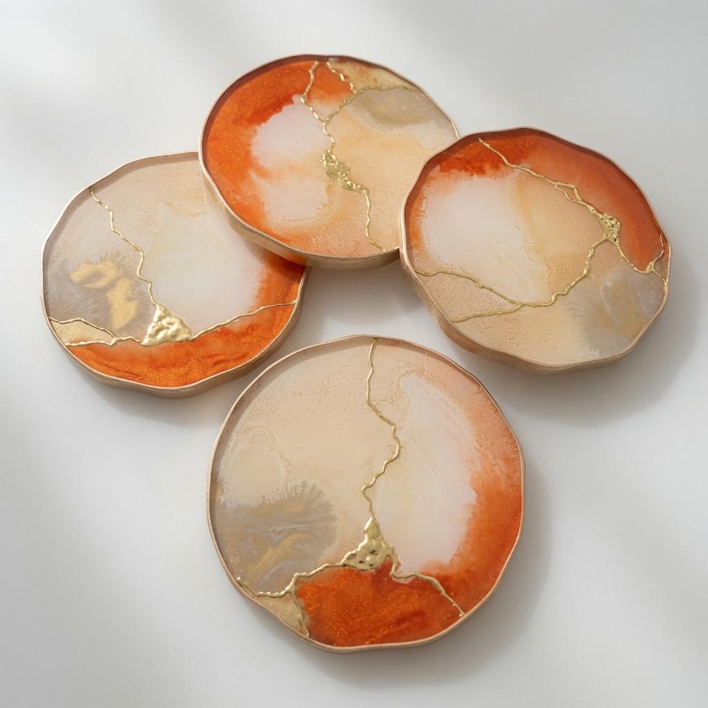 Kintsugi Gold Leaf | Epoxy Resin Coaster Set | Gold Edge Barware | Beige & Metallic Orange