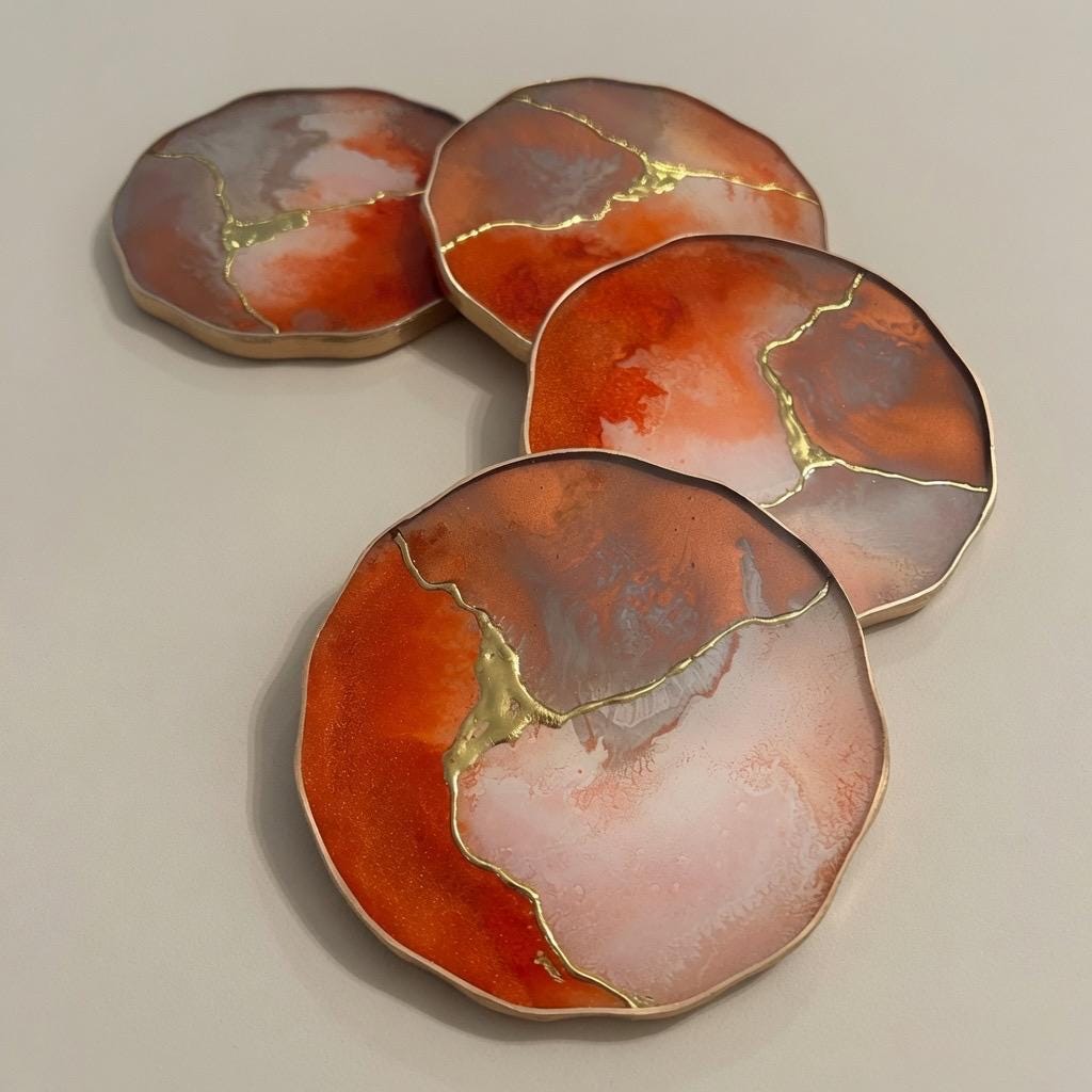 Kintsugi Gold Leaf | Epoxy Resin Coaster Set | Gold Edge Barware | Beige & Rust Red