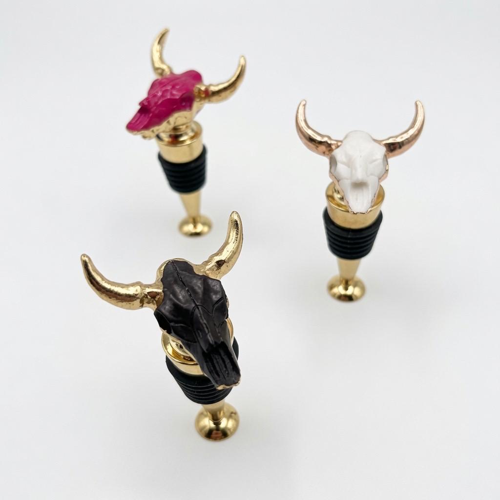 Longhorn Skull Wine Stopper | Pink | Gold Horns, Chrome Stem | Rustic Western Farmhouse Barware