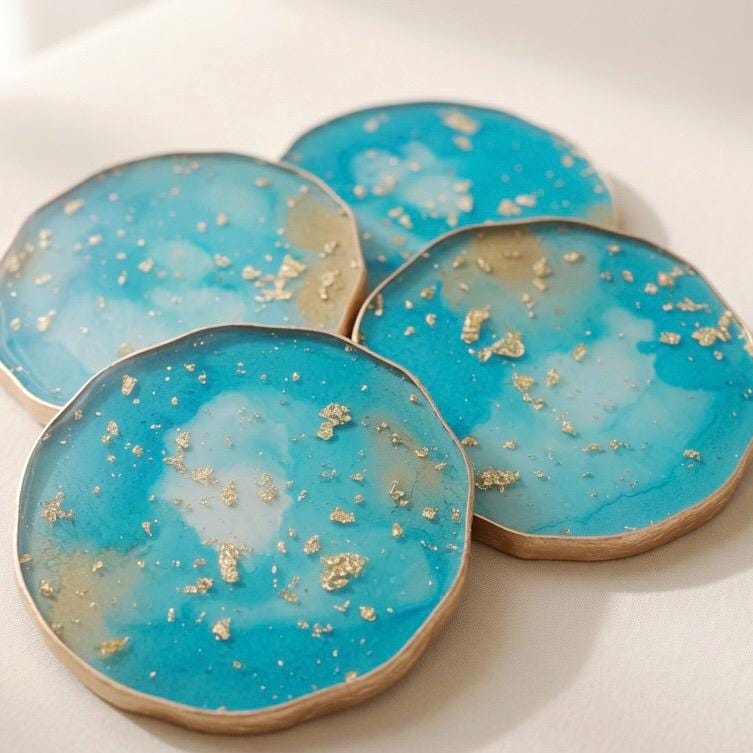 Turquoise and Gold Leaf - Gold Rim Drinkware - Epoxy Resin Coaster Set
