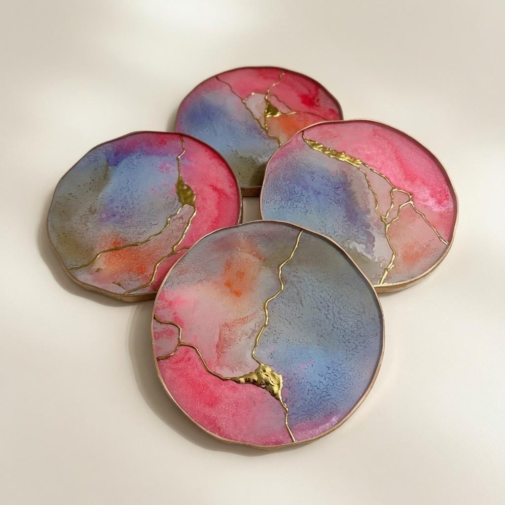 Kintsugi Gold Leaf | Epoxy Resin Coaster Set | Gold Edge Barware | Pink & Blue