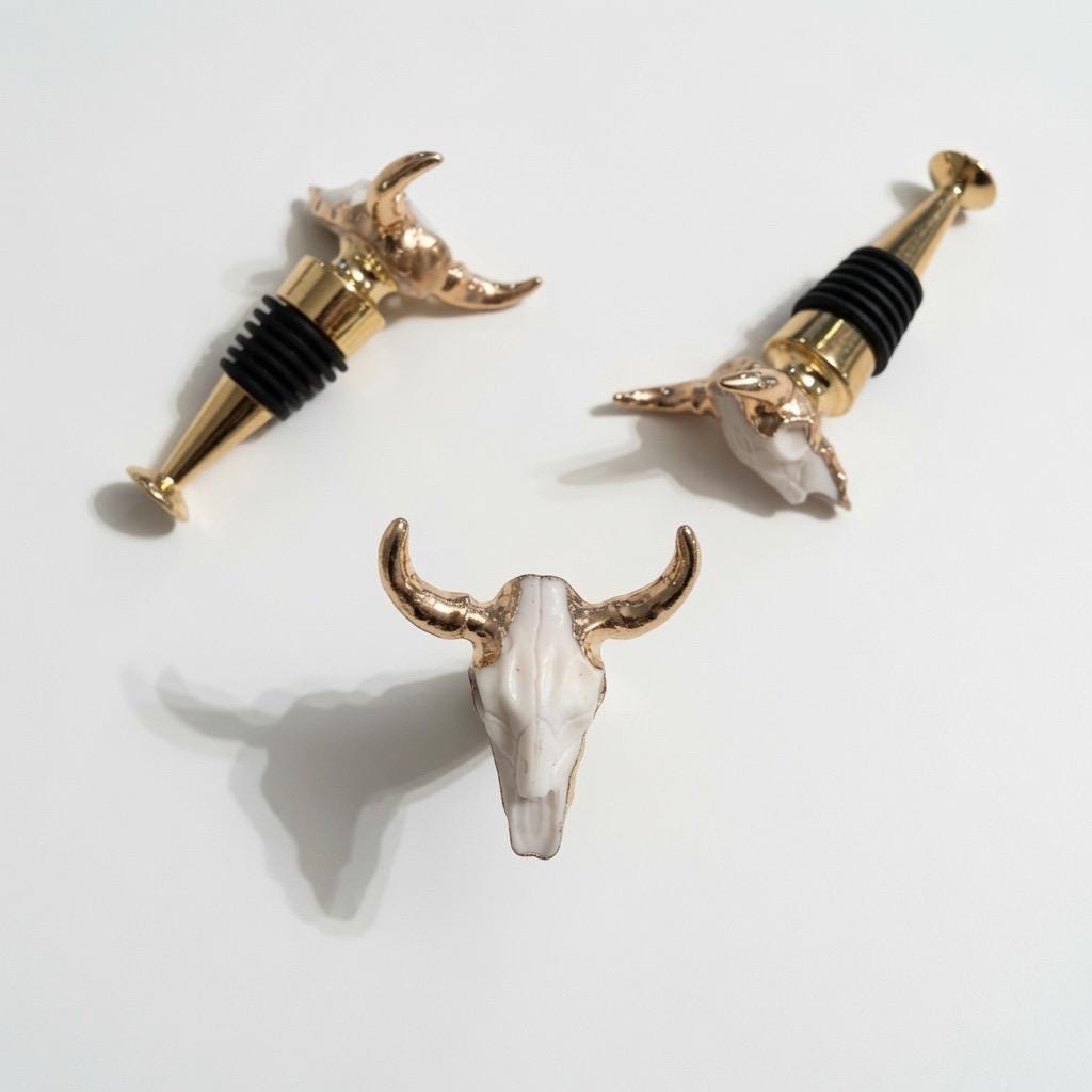 Longhorn Skull Wine Stopper | White | Gold Horns | Chrome Stem | Rustic Western Farmhouse Barware