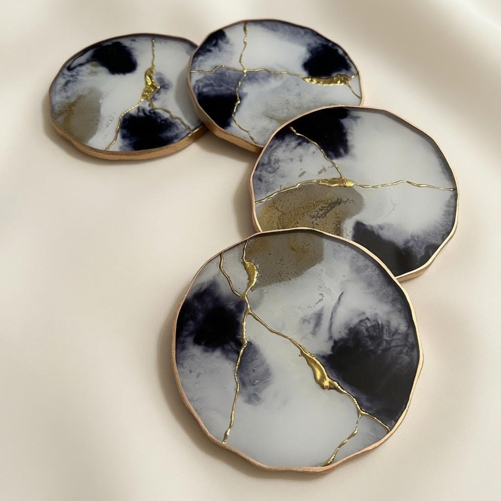 Kintsugi Gold Leaf | Epoxy Resin Coaster Set | Gold Edge Barware | Black & White