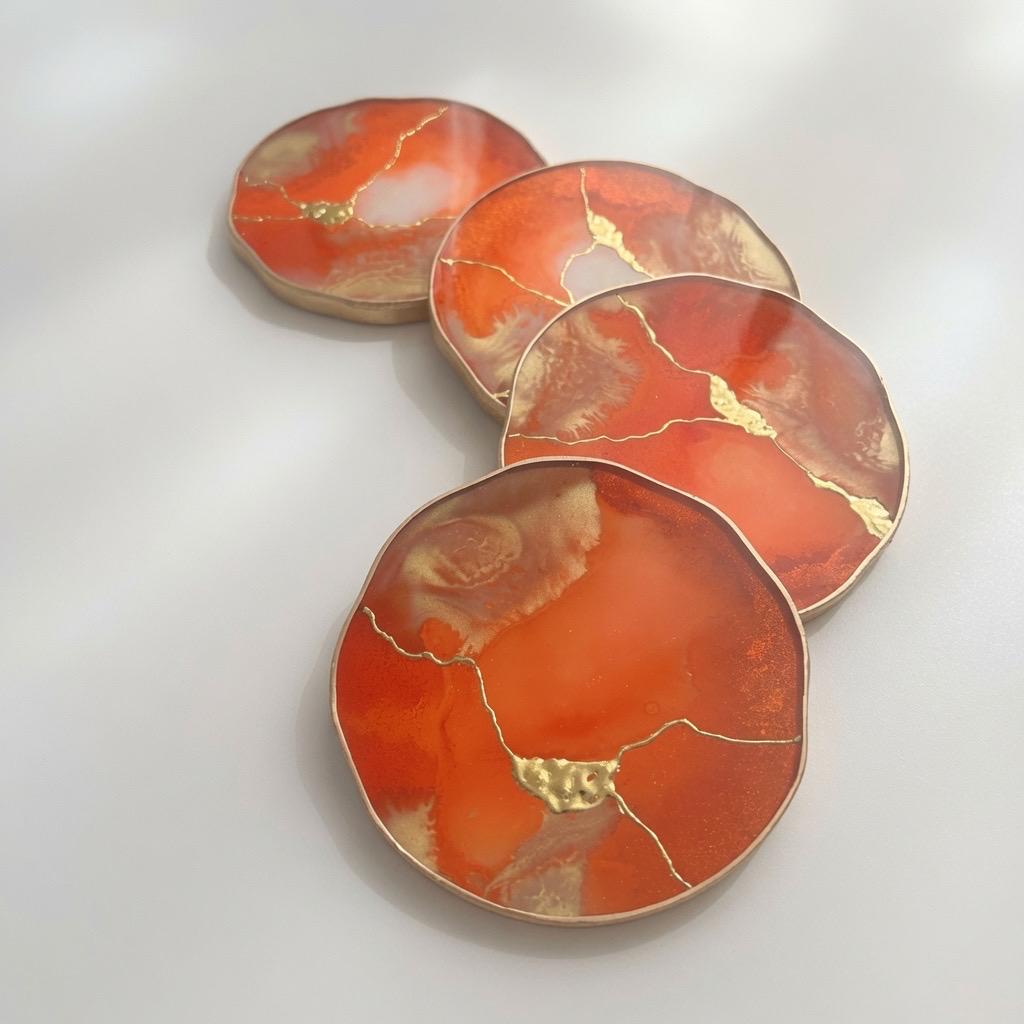 Kintsugi Gold Leaf | Epoxy Resin Coaster Set | Gold Edge Barware | Orange