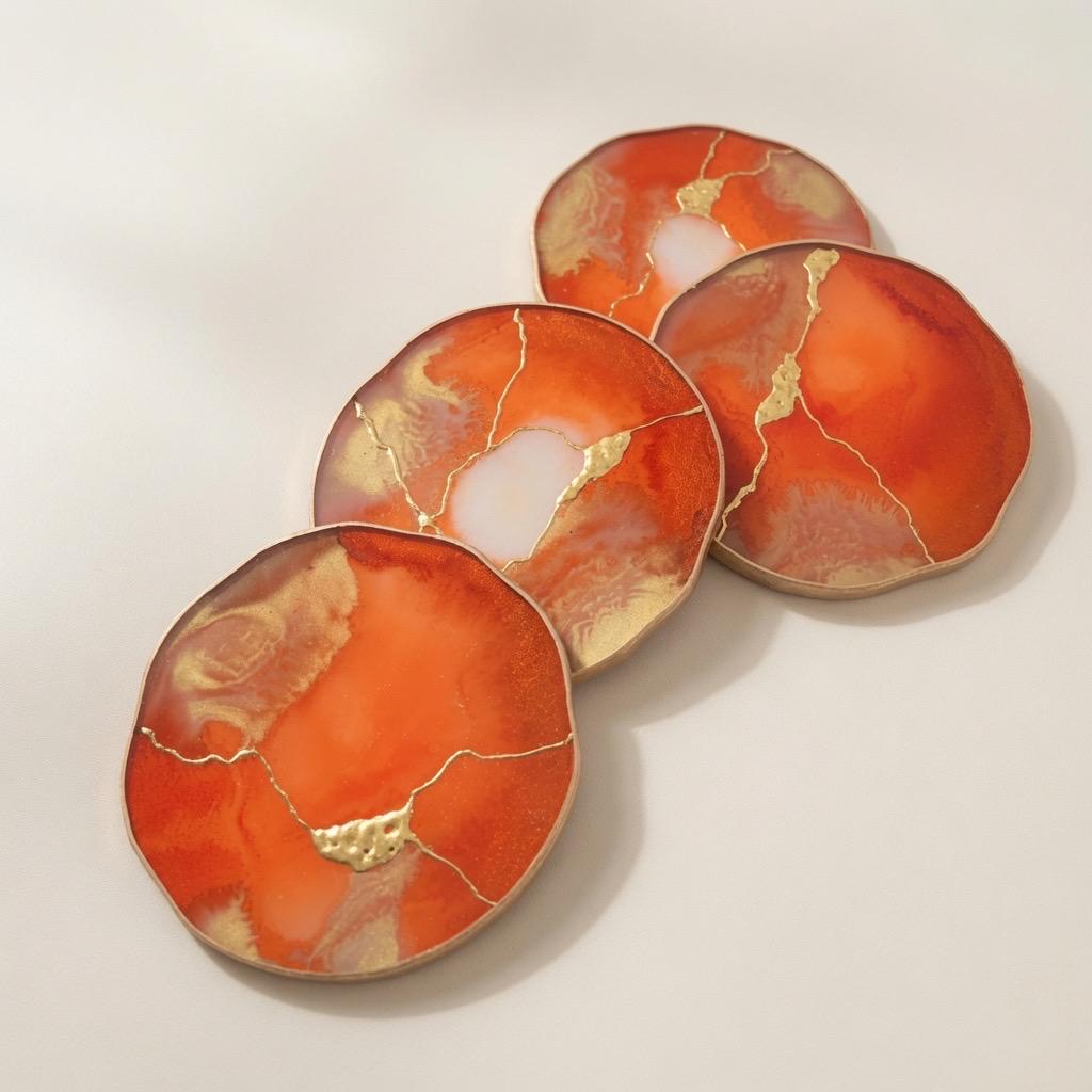 Kintsugi Gold Leaf | Epoxy Resin Coaster Set | Gold Edge Barware | Orange