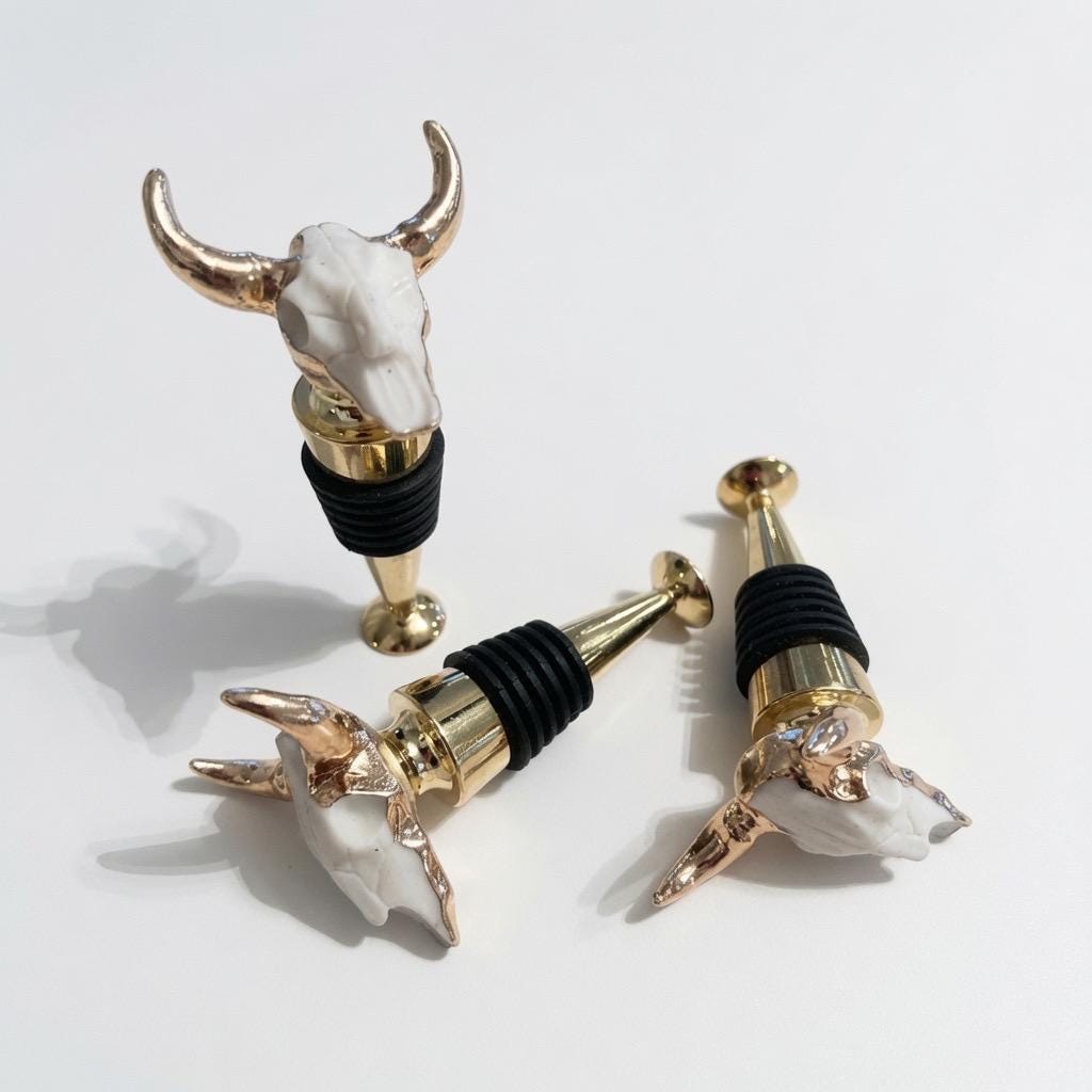 Longhorn Skull Wine Stopper | White | Gold Horns | Chrome Stem | Rustic Western Farmhouse Barware
