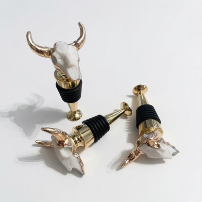 White Longhorn Skull Wine Stopper with Gold Horns
