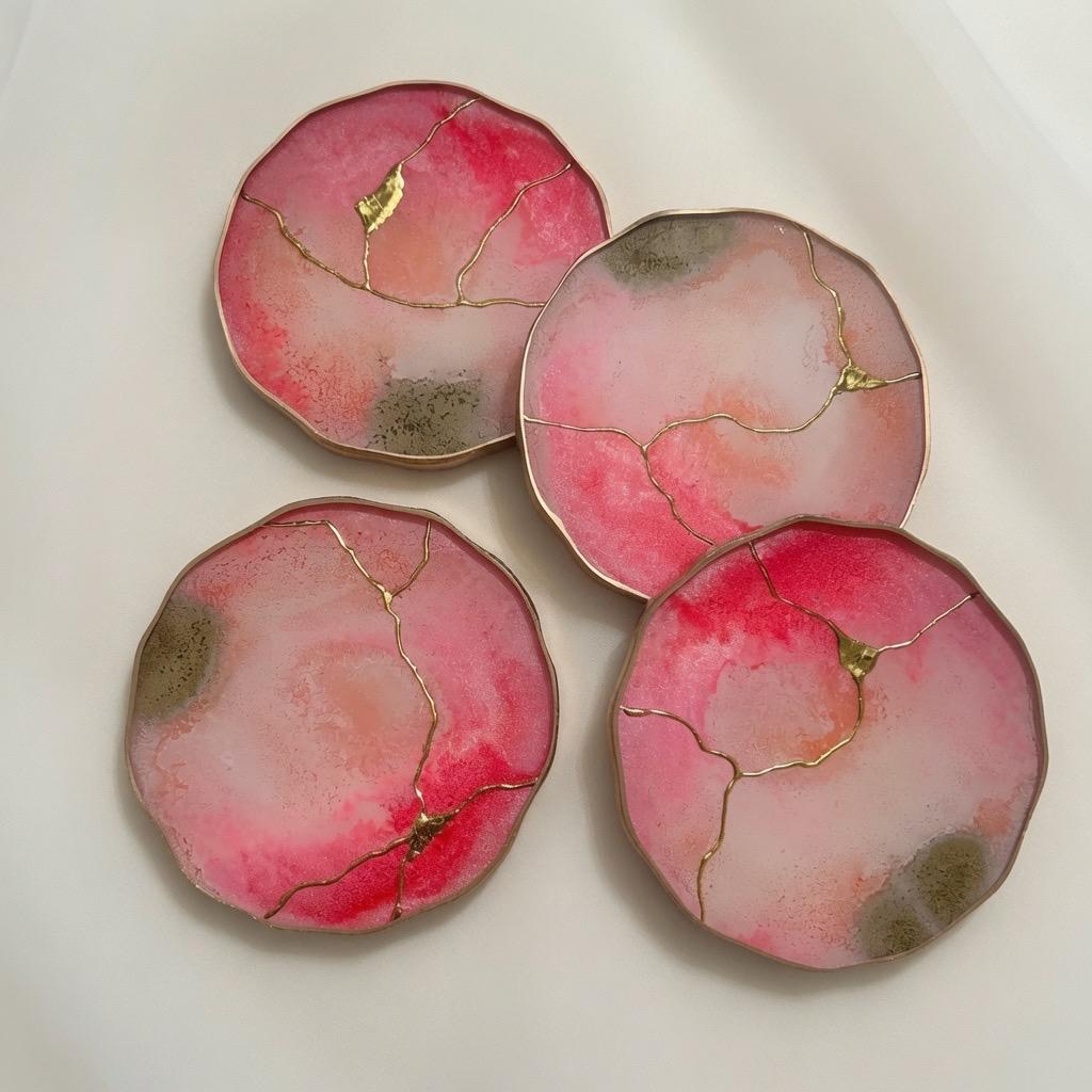 Kintsugi Gold Leaf | Epoxy Resin Coaster Set | Gold Edge Barware | Pink Quartz