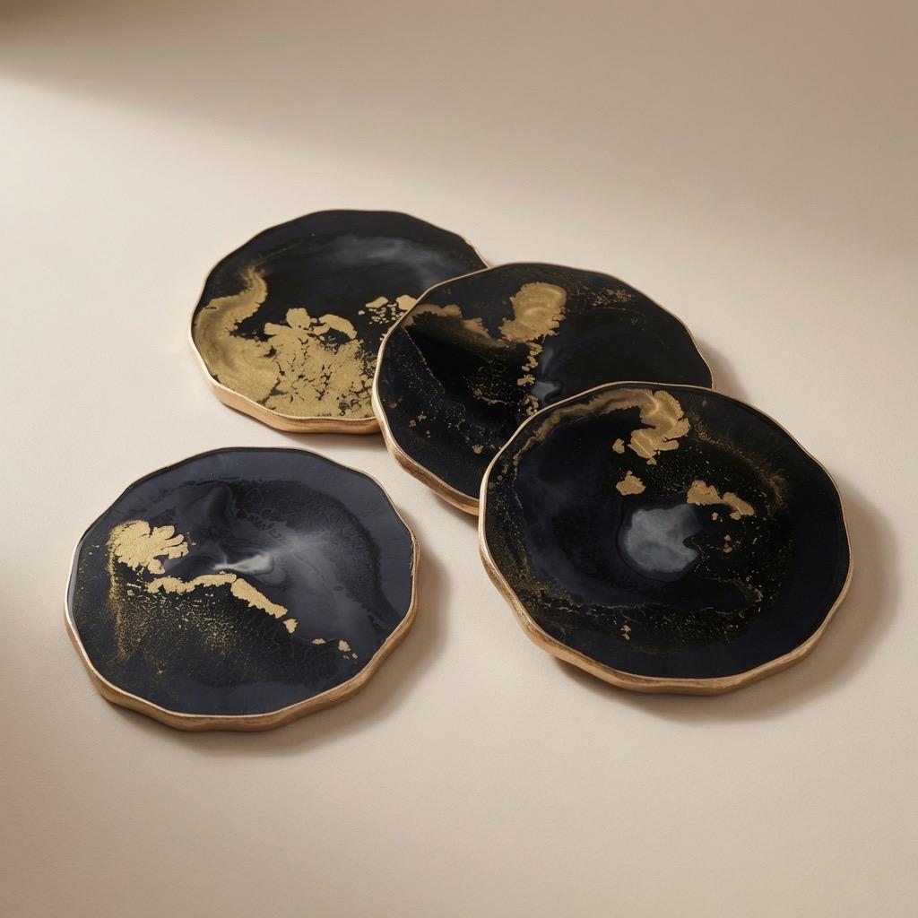 Black Gold Epoxy Resin Coasters | Gold Edge Drinkware | Modern Drinkware |