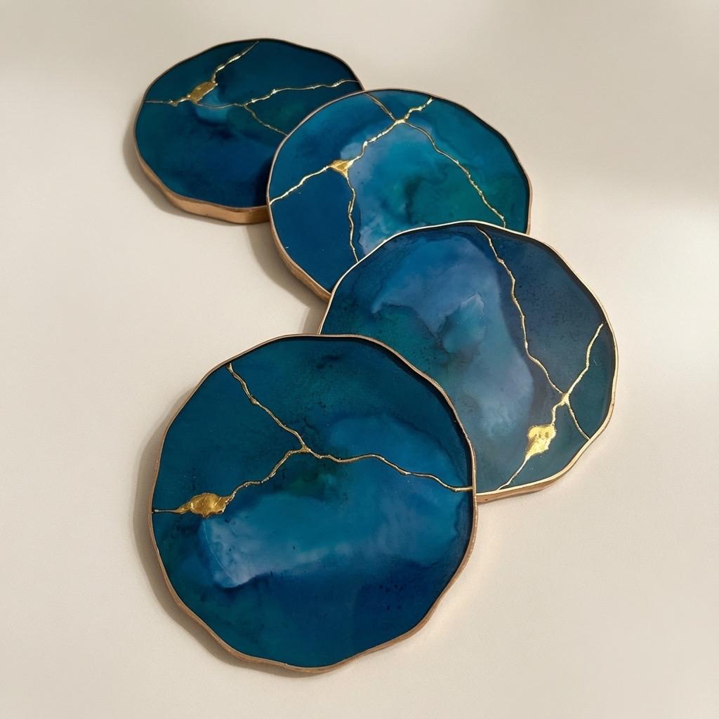 Kintsugi Gold Leaf | Epoxy Resin Coaster Set | Gold Edge Barware | Teal Blue