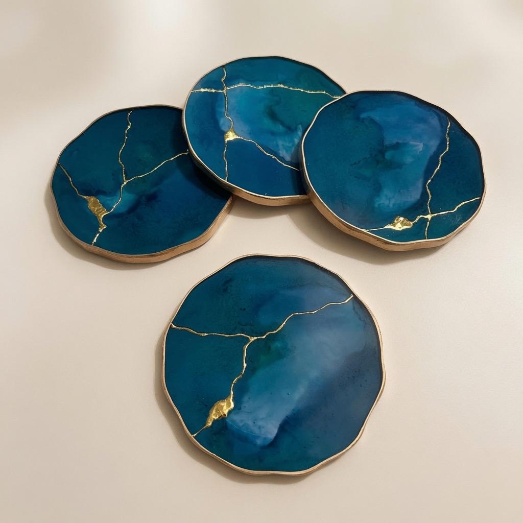 Kintsugi Gold Leaf | Epoxy Resin Coaster Set | Gold Edge Barware | Teal Blue