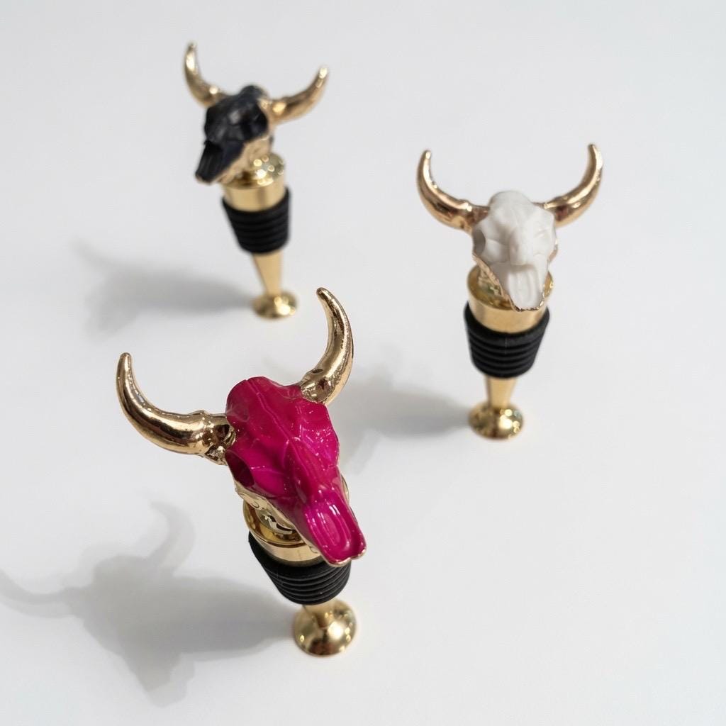 Longhorn Skull Wine Stopper | White | Gold Horns | Chrome Stem | Rustic Western Farmhouse Barware