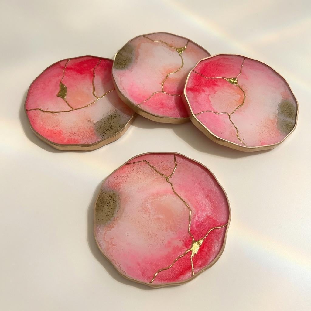 Kintsugi Gold Leaf | Epoxy Resin Coaster Set | Gold Edge Barware | Pink Quartz