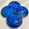 Kintsugi Gold Leaf | Epoxy Resin Coaster Set | Gold Edge Barware | Cobalt Blue