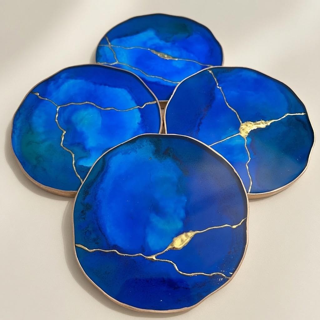 Kintsugi Gold Leaf | Epoxy Resin Coaster Set | Gold Edge Barware | Cobalt Blue