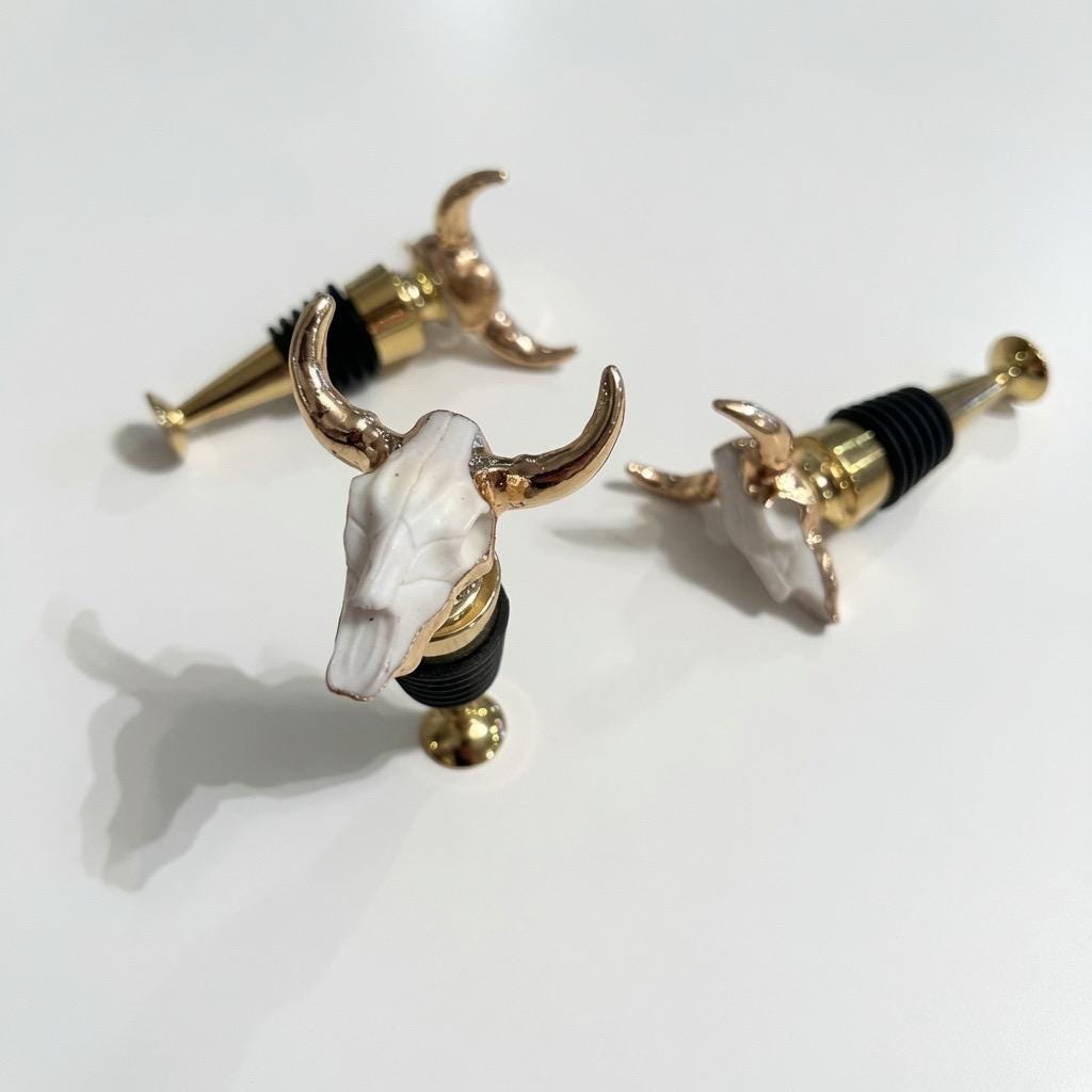 Longhorn Skull Wine Stopper | White | Gold Horns | Chrome Stem | Rustic Western Farmhouse Barware