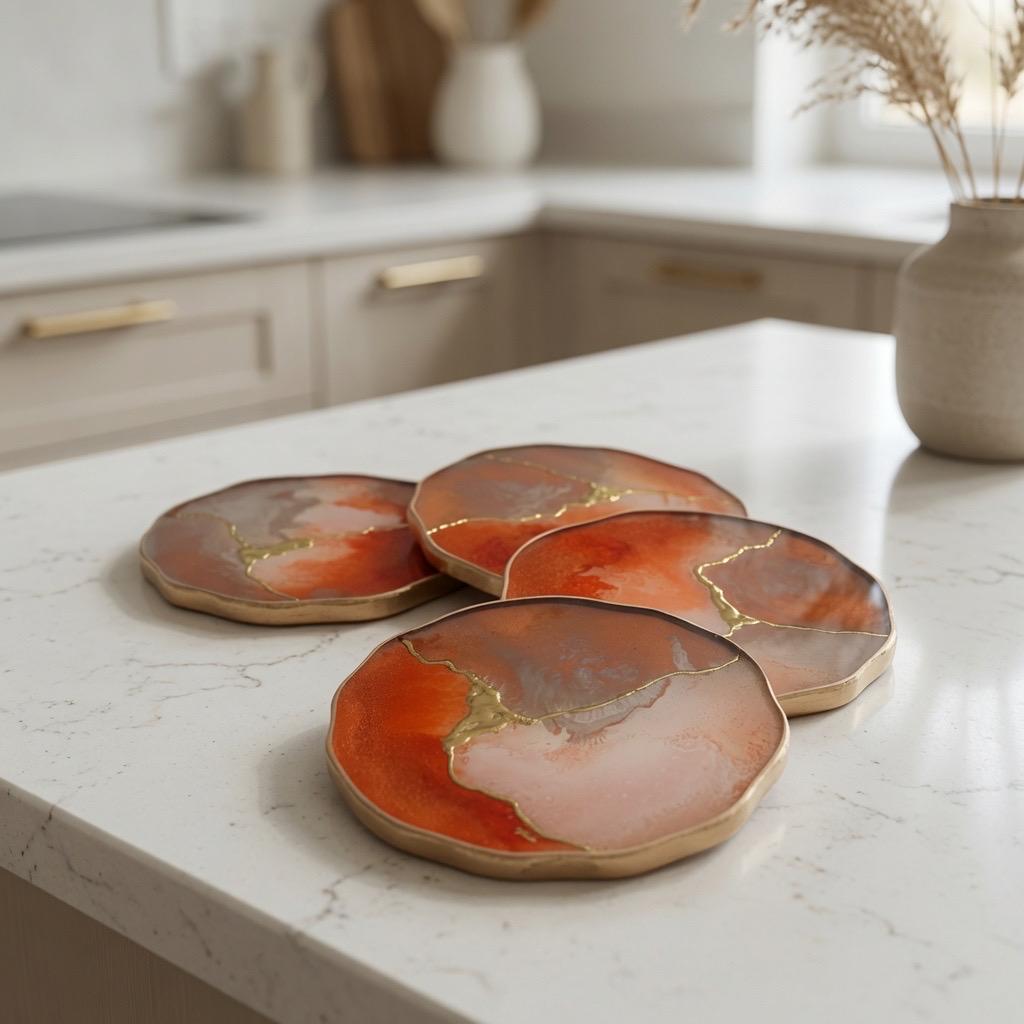 Kintsugi Gold Leaf | Epoxy Resin Coaster Set | Gold Edge Barware | Beige & Rust Red